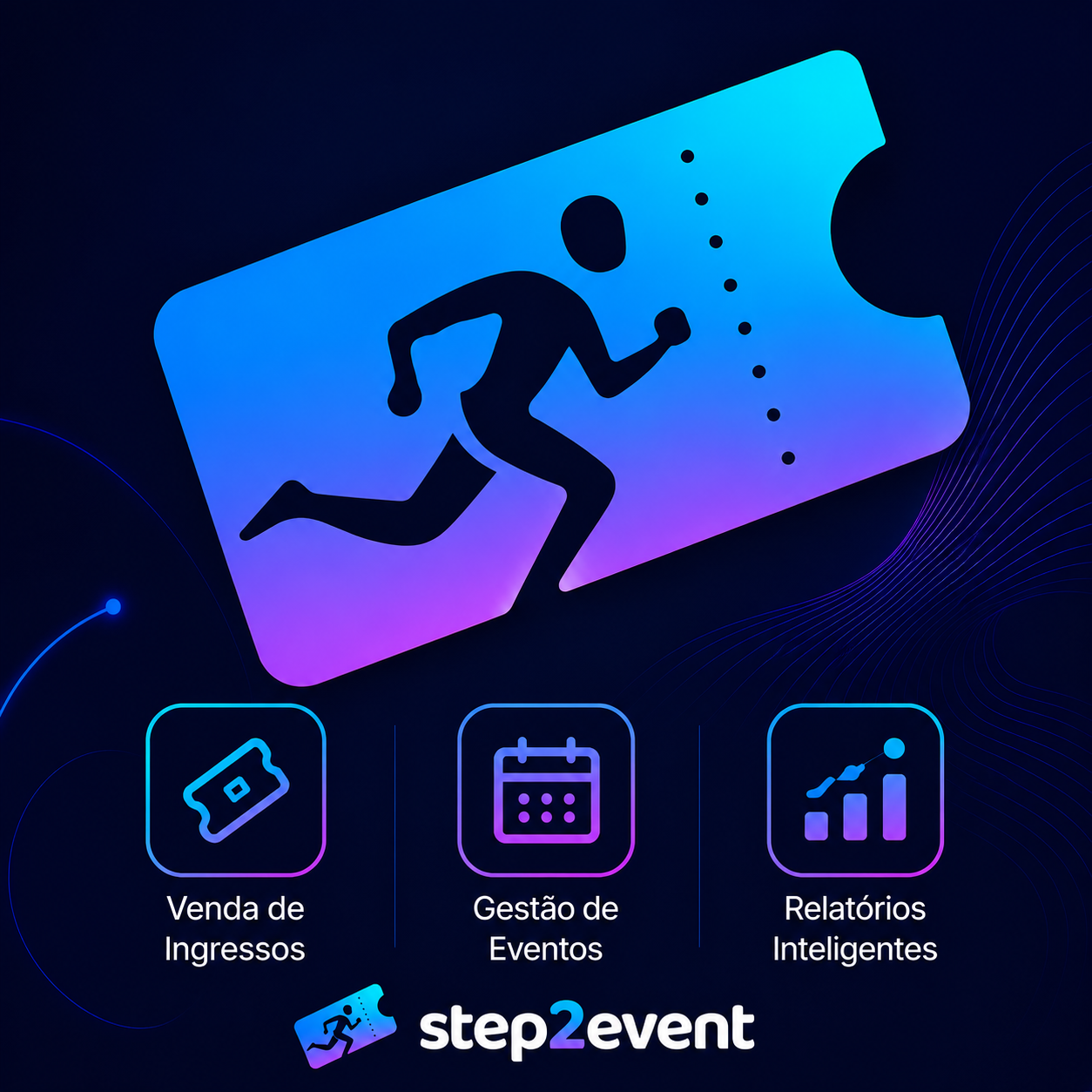 Peça Step2Event destacando venda de ingressos, gestão de eventos e relatórios inteligentes